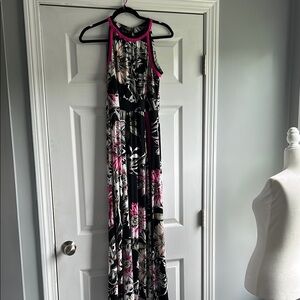 Black and Pink Pleated Halter Maxi Dress